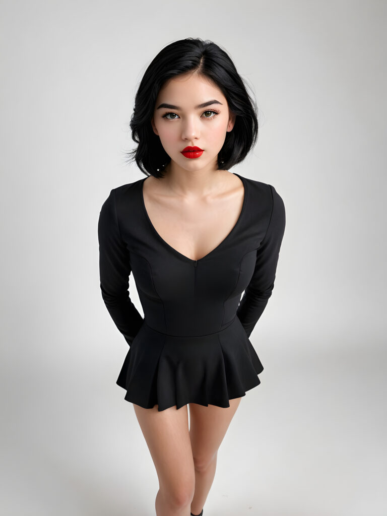 a young, beautiful teen girl with black hair, full, round red lips and black eyes, thin dressed in black, view from above, ((realistic detailed) (full body view), perfect curved body, realistic an detailed photo, ((empty background))