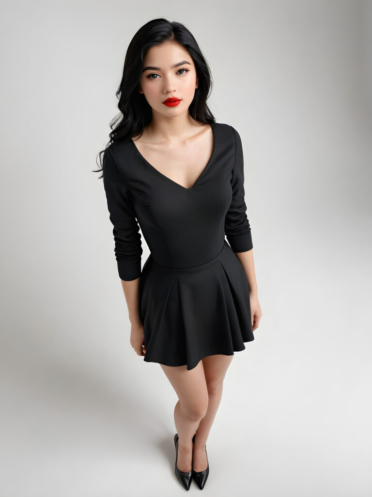 a young, beautiful teen girl with black hair, full, round red lips and black eyes, thin dressed in black, view from above, ((realistic detailed) (full body view), perfect curved body, realistic an detailed photo, ((empty background))