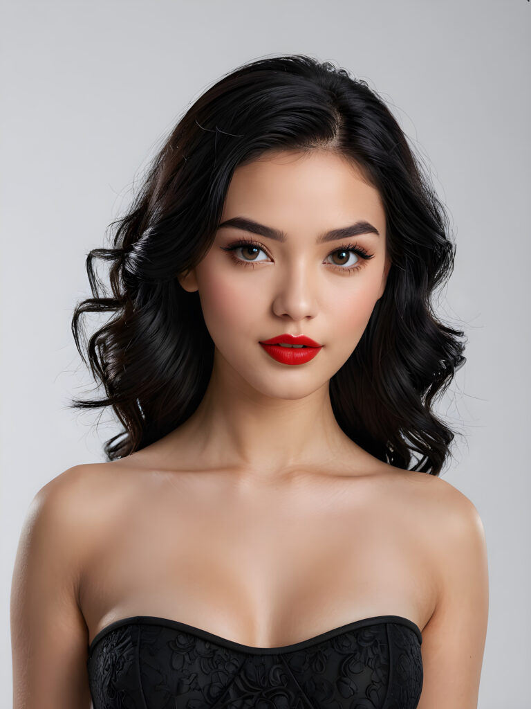 a young, beautiful teen girl with black hair, full, round red lips and black eyes, thin dressed in black, view from above, ((realistic detailed) (full body view), perfect curved body, realistic an detailed photo, ((empty background))