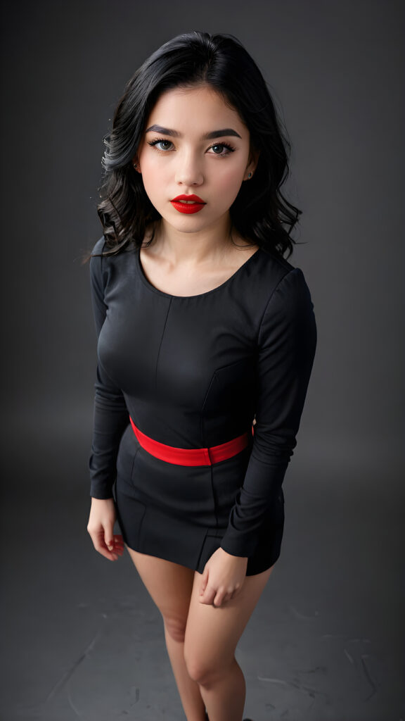 a young, beautiful teen girl with black hair, full, round red lips and black eyes, thin dressed in black, view from above, ((realistic detailed) (full body view), perfect curved body, realistic an detailed photo, ((empty background))