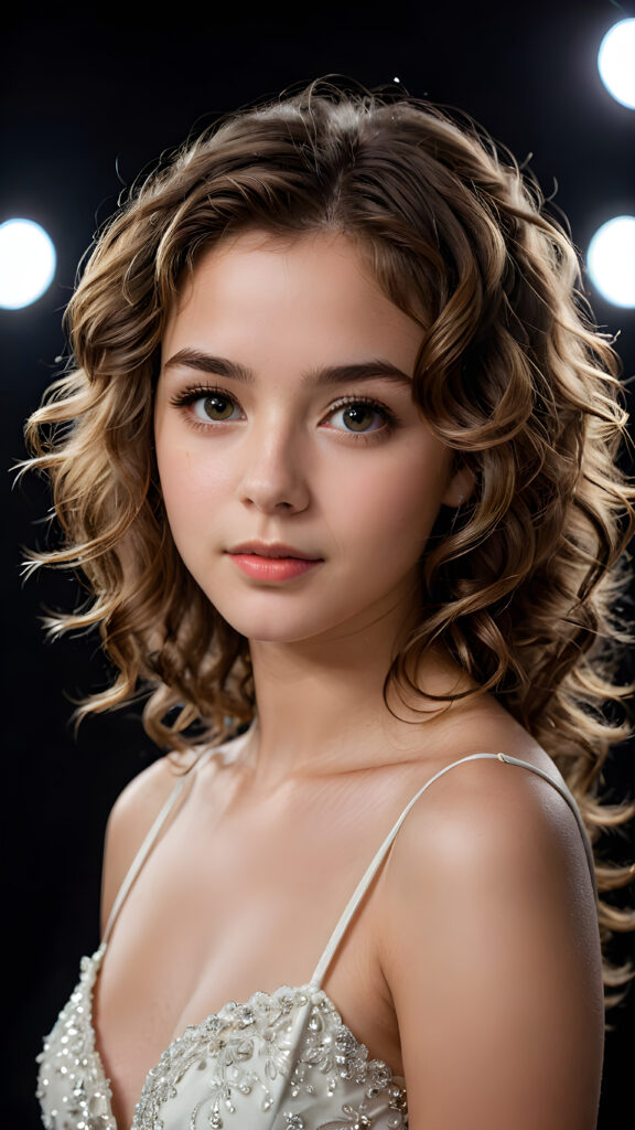 a young, beautiful girl, 19 years old, curly light brown hair, seductive look, angelic face, real-life features, detailed hair, realistic eyes, beautiful, with delicate facial muscles, sharp focus, high-contrast lighting, in an all-black background, surrounded by darkness, illuminated only by weak light falling from the side.