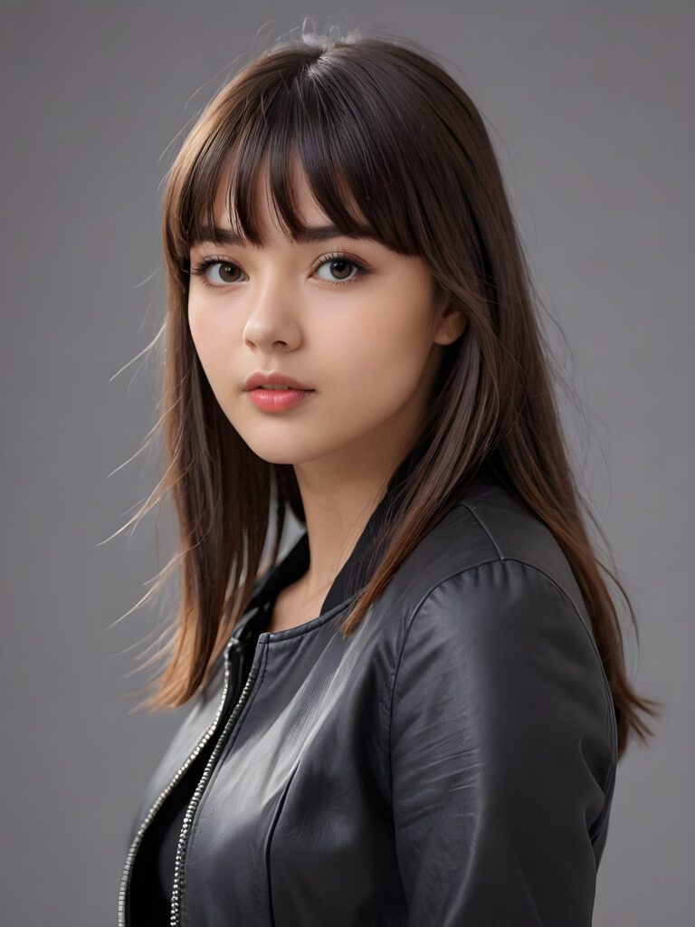 a young beautiful teen girl, perfect curved body, full lips, crop black jacket, ((straight hair, bangs cut), ((stunning)) ((gorgeous)), ((grey background)) ((a figure drawing))