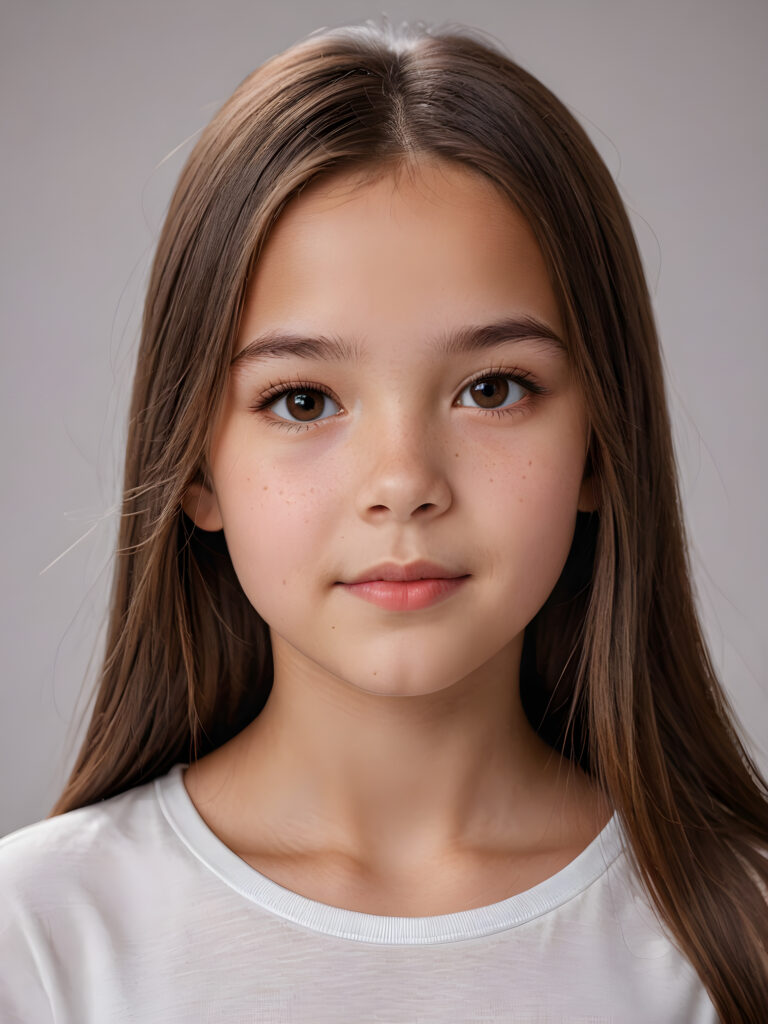 a young beautiful cute girl, 11 years old, ((round face)), flawless skin, white t-shirt, ((straight jet brown long hair)), ((stunning)) ((gorgeous)) ((realistic and detailed close-up portrait)), ((empty background))