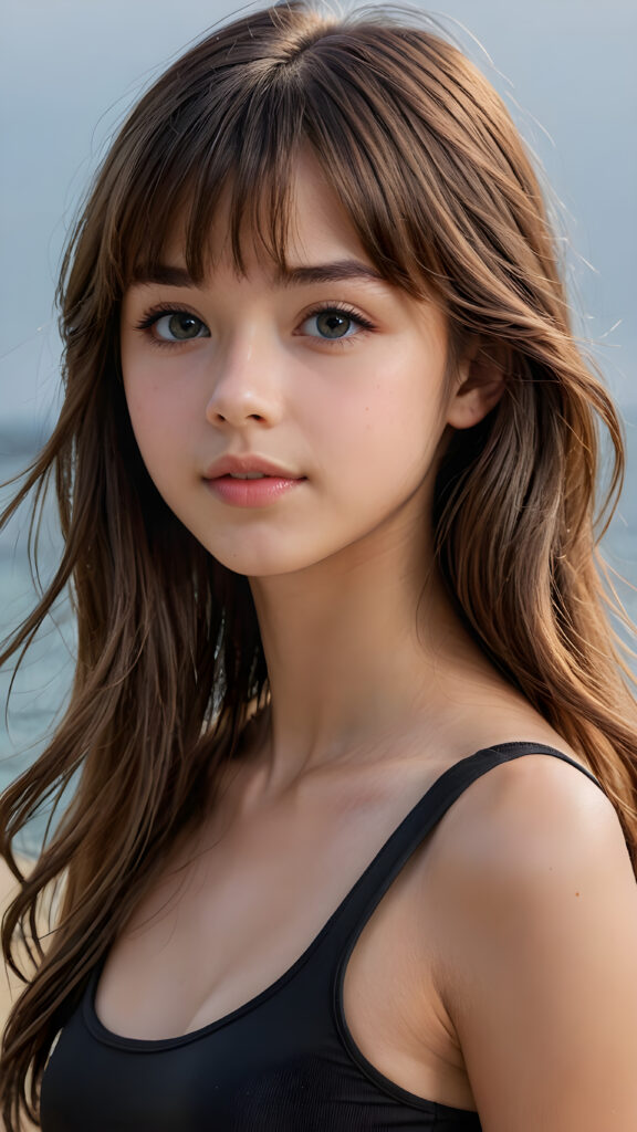 a young beautiful teen girl, 16 years old, she has full lips and her mouth is slightly open ready to kiss, she has long (((detailed brown straight shoulder-length hair, bangs that are parted to the side))), and (realistic light blue eyes), ((angelic face)), dark background, perfect shadows, weak light falls into the picture from the side, she wears a tight (((crop top in black))), perfect curved body, she looks seductively at the viewer, flawless skin, white teeth, ((side view)) ((ultra realistic photo)) ((stunning)) ((gorgeous)) ((4k)) ((upper body))