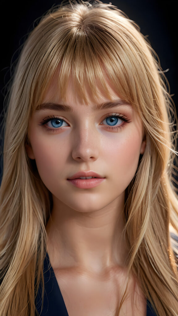 a young beautiful teen girl, dimmed light falls on her face, creating a peaceful, calm atmosphere. She has long blond straight bright hair in bangs cut and deep blue eyes ((realistic, detailed portrait)), dark background, perfect shadown