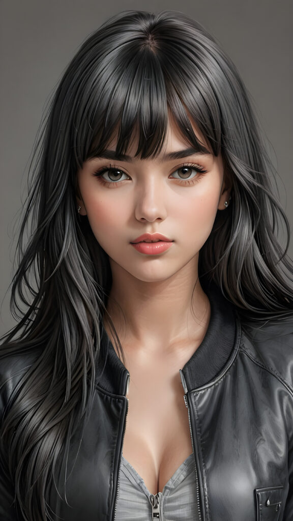 a young beautiful teen girl, perfect curved body, realistic detailed hair, fit body, full lips, crop black jacket, ((straight hair, bangs cut), ((stunning)) ((gorgeous)) ((detailed upper body portrait)), ((grey background)) ((a charcoal pencil drawing by hand))