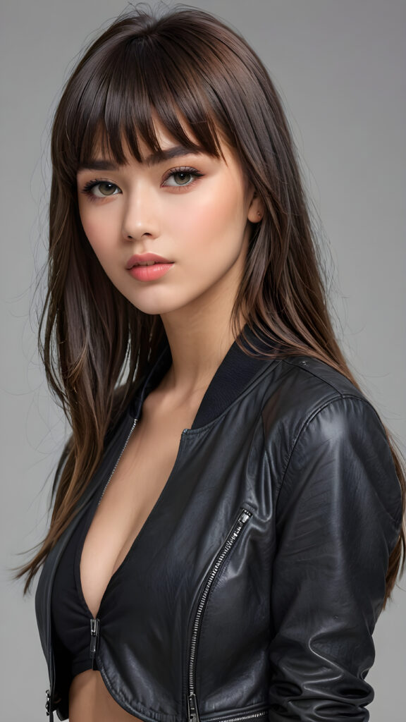 a young beautiful teen girl, perfect curved body, full lips, crop black jacket, ((straight hair, bangs cut), ((stunning)) ((gorgeous)), ((grey background)) ((a figure drawing))