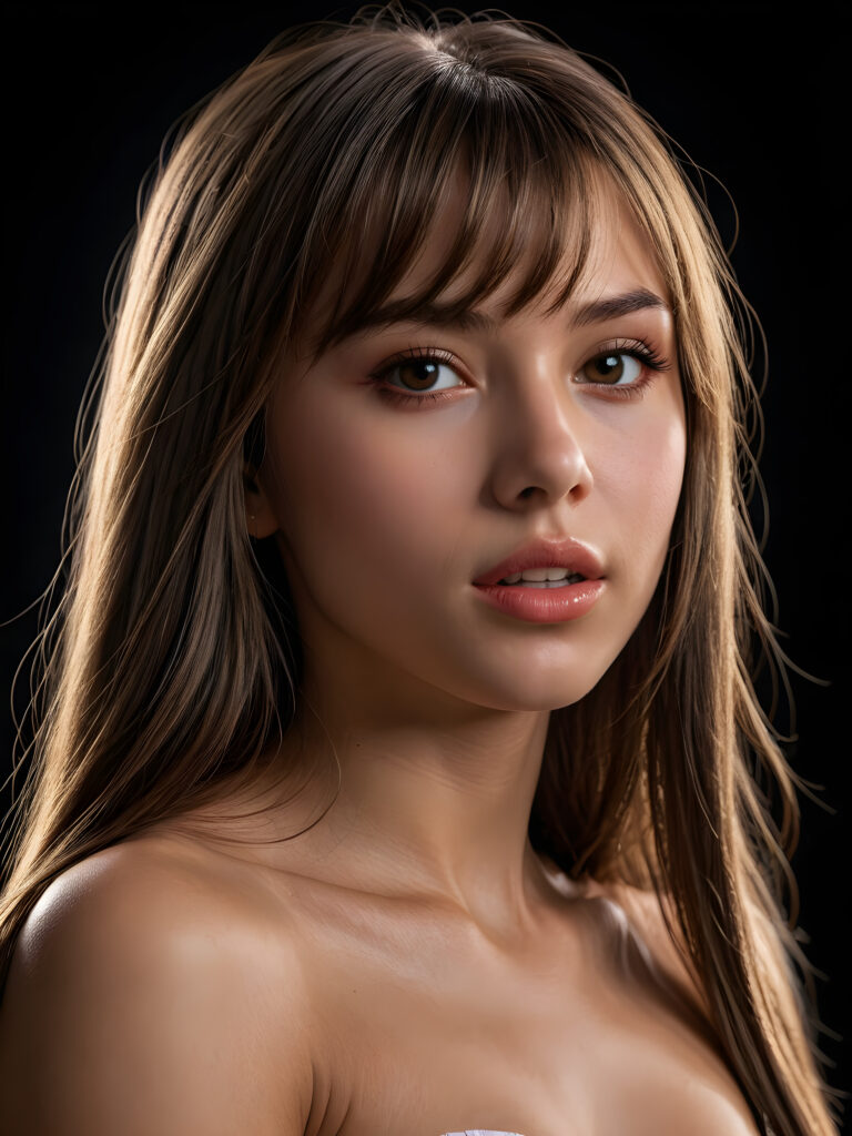 a young beautiful young little Nord teenage girl, ((long straight jet hair, bangs)), ((full lips)), (((mouth slightly open))), ((seductive look)), tanned skin, (realistic shiny round light brown eyes), (((angelic face))), black background, (perfect shadows), (weak light falls into the picture from the side), (perfect curved body), she looks seductively at the viewer, (flawless skin), ((side view)) ((ultra realistic photo)) ((stunning)) ((gorgeous)) ((4k)) ((upper body)) ((close up))