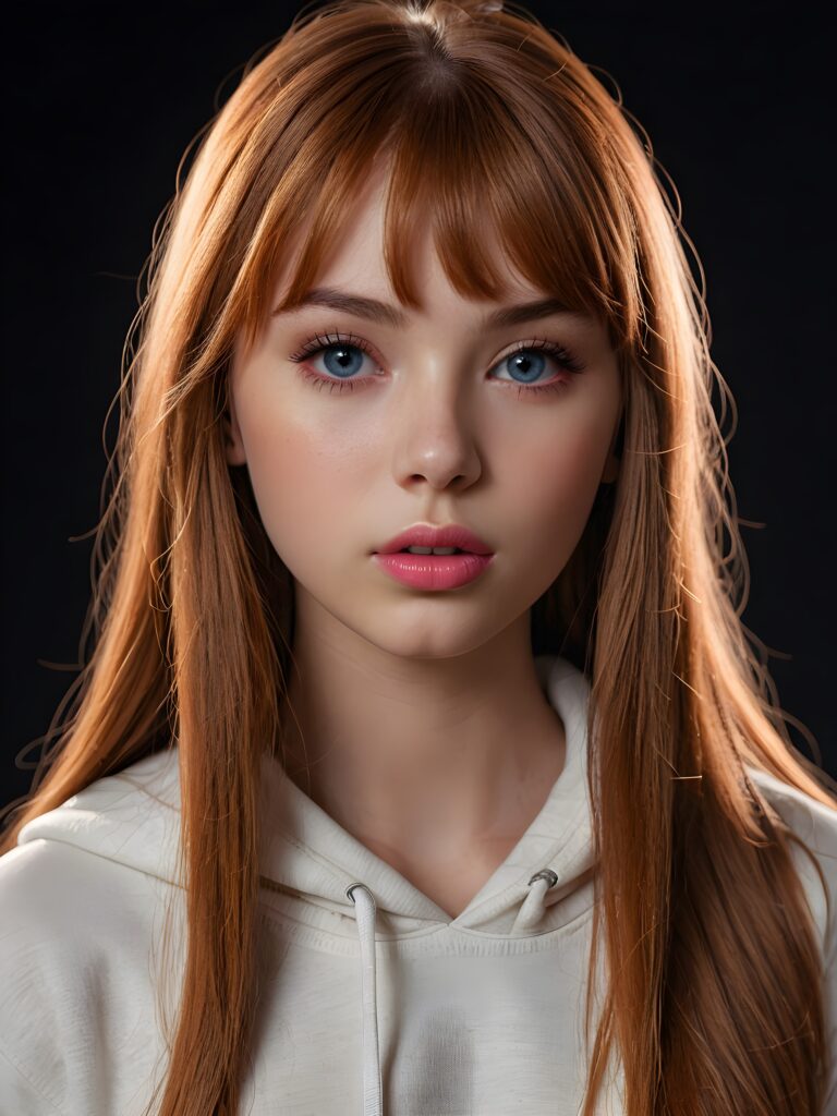 a young beautiful teen girl, 15 years old, dimmed light falls on her face, she has long (((auburn straight bright hair))) in bangs cut and deep blue eyes, ((angelic round face)), ((realistic, detailed portrait)), dark background, perfect shadown, (((pink lips))), she wears a white hoodie, looks tired at the viewer