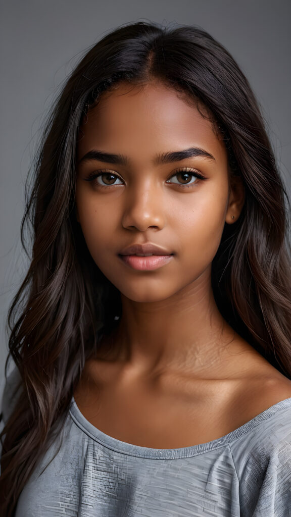 a young beautiful dark-skinned cute teen girl, straight hair, grey background, ((stunning)) ((gorgeous)) ((4k)) ((realistic detailed photo))