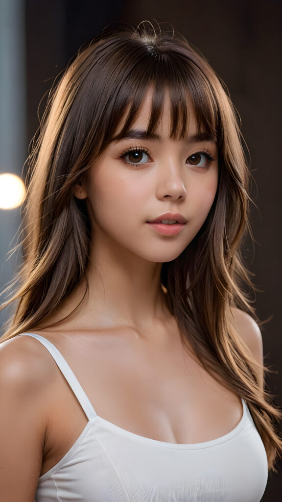 a young beautiful teen girl, she has full lips and her mouth is slightly open ready to kiss, she has long (((detailed brown straight shoulder-length hair, bangs that are parted to the side))), and (realistic light brown eyes), ((angelic face)), dark background, perfect shadows, weak light falls into the picture from the side, she wears a tight (((crop top in white))), perfect curved body, she looks seductively at the viewer, flawless skin, white teeth, ((side view)) ((ultra realistic photo)) ((stunning)) ((gorgeous)) ((4k)) ((upper body))