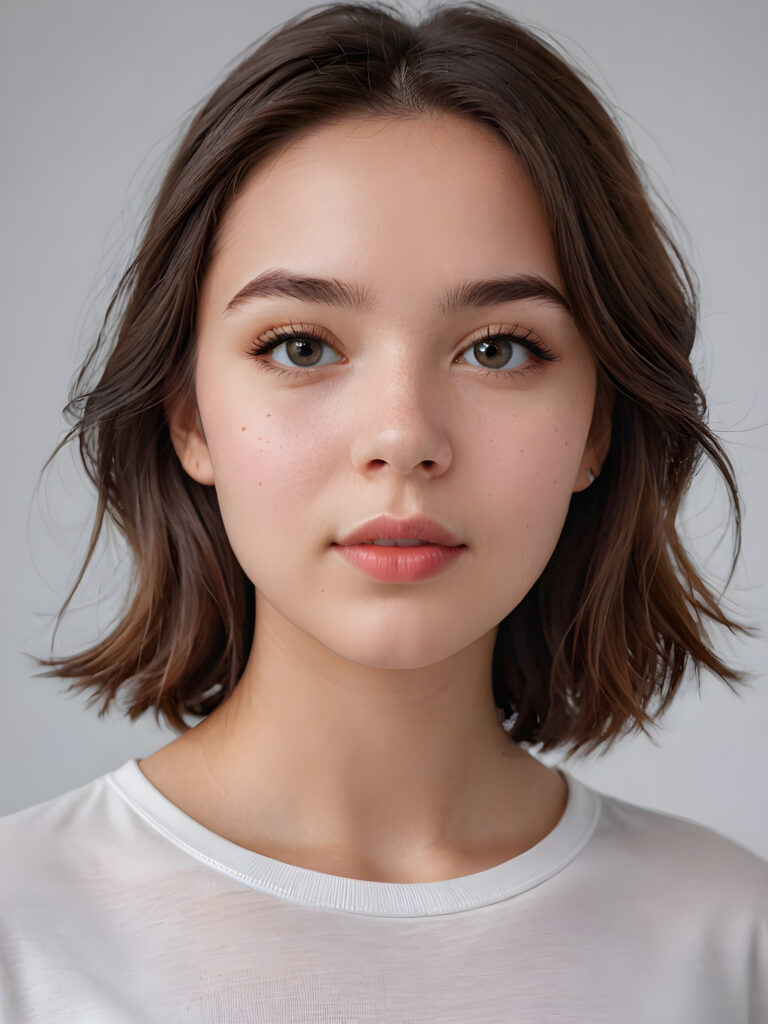 a young beautiful teen girl, ((round face)), flawless skin, white t-shirt, full kissable lips, ((stunning)) ((gorgeous)) ((realistic and detailed close-up portrait)), ((empty background))