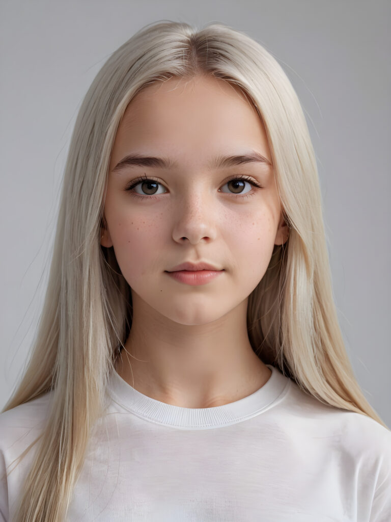 a young beautiful teen girl, 13 years old, ((round face)), flawless skin, white t-shirt, ((straight jet white long hair)), ((stunning)) ((gorgeous)) ((realistic and detailed close-up portrait)), ((empty background))