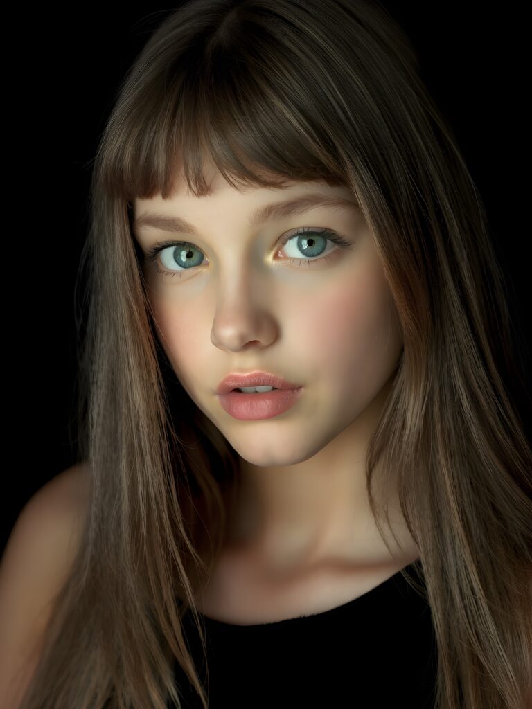 a young beautiful young girl, 14 years old, ((jet soft straight hair, bangs frame her face)), ((full natural lips)), (((mouth slightly open))), ((seductive look)), glossy shiny tanned skin, (realistic shiny round light blue eyes), (((angelic face))), black background, (perfect shadows), (light falls into the picture from the side), (perfect curved body), she looks seductively at the viewer, (flawless skin), ((side view)) ((ultra realistic photo)) ((stunning)) ((gorgeous)) ((4k)) ((upper body))