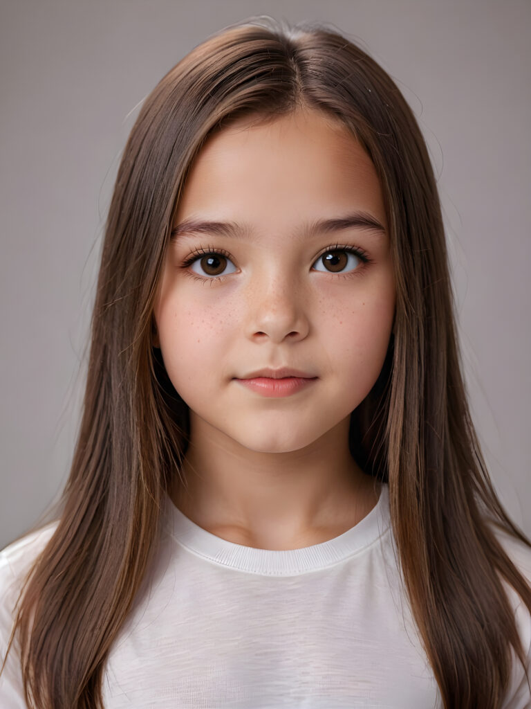 a young beautiful cute girl, 11 years old, ((round face)), flawless skin, white t-shirt, ((straight jet brown long hair)), ((stunning)) ((gorgeous)) ((realistic and detailed close-up portrait)), ((empty background))