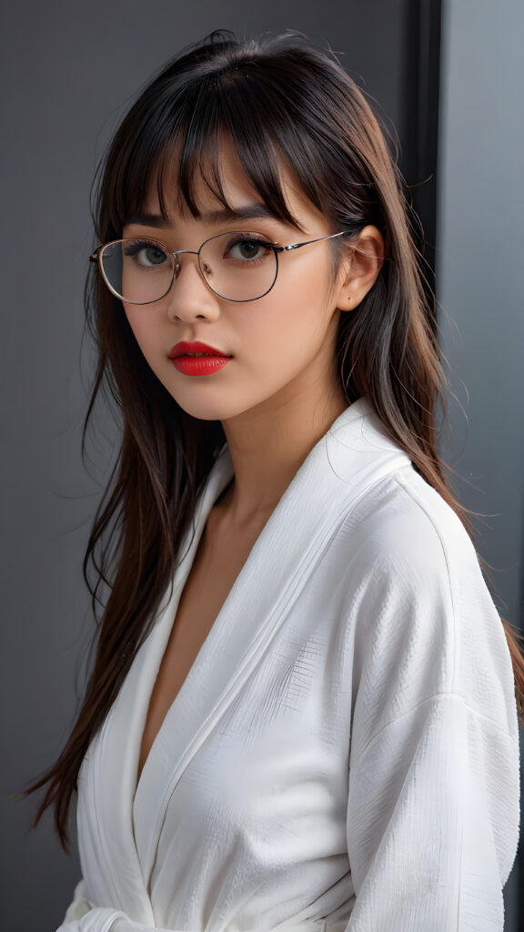 a young beautiful Exotic teen girl, wearing a large, dark prescription glasses, she wears a white bathrobe, she has (full red lips) and her mouth is slightly open, she has long (((detailed straight shoulder-length dark hair, bangs that are parted to the side))), and (realistic dark eyes), ((angelic face)), ((grey background)), perfect shadows, weak light falls into the picture from the side, perfect curved body, she looks seductively at the viewer, flawless skin, white teeth, ((side view)) ((ultra realistic photo)) ((stunning)) ((gorgeous)) ((4k)) ((upper body))