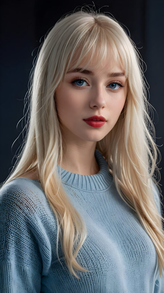 a young beautiful young Nordic girl, she has full red lips and her mouth is slightly open ready to kiss, white teeth, she has long (((detailed white straight hair in bangs cut))) (her hair falls on her shoulders), and (realistic light blue eyes), ((angelic face)), dark background, perfect shadows, weak light falls into the picture from the side, she wears a tight (((sweater in blue))), perfect curved body, she looks seductively at the viewer, flawless skin, ((side view)) ((ultra realistic photo)) ((stunning)) ((gorgeous)) ((4k))