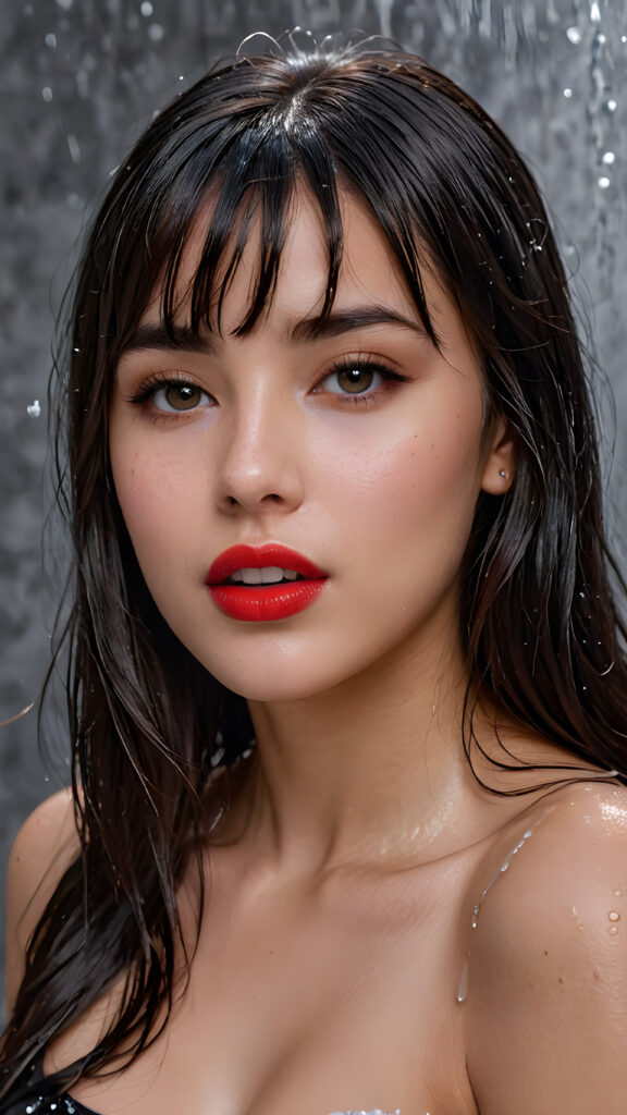 a young beautiful young busty teen girl, she has (full red lips) and her mouth is slightly open, she has long (((detailed straight wet shoulder-length dark hair, bangs that are parted to the side))), and (realistic dark eyes), ((round angelic face)), ((grey background)), perfect shadows, weak light falls into the picture from the side, perfect curved body, she looks seductively at the viewer, flawless skin, white teeth, ((side view)) ((ultra realistic photo)) ((stunning)) ((gorgeous)) ((4k)) ((upper body))