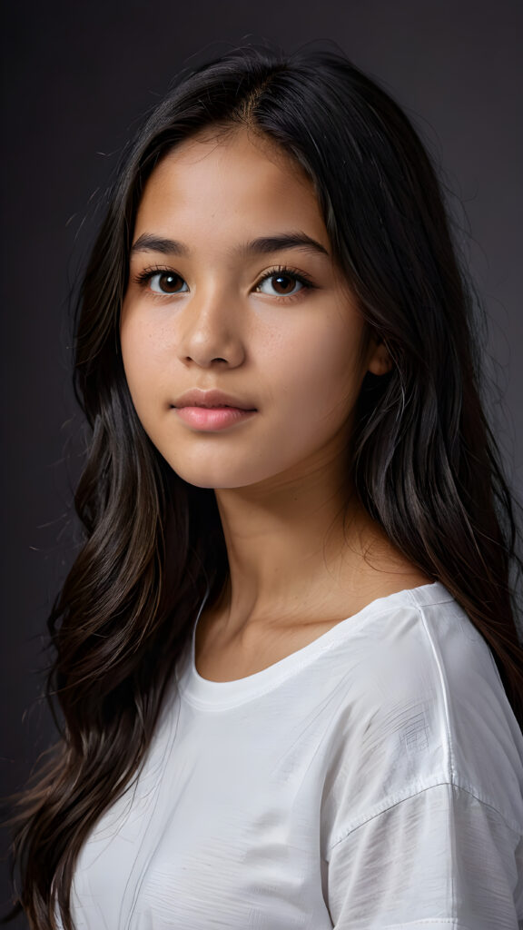 a young beautiful cute Peruvian teen girl, 15 years old, dimmed light falls on her face, she has long (((dark hair))) and dark eyes, ((angelic round face)), ((realistic, detailed portrait)), grey background, perfect shadows, she wears a white t-shirt, perfect curved body, upper body, ((side view))