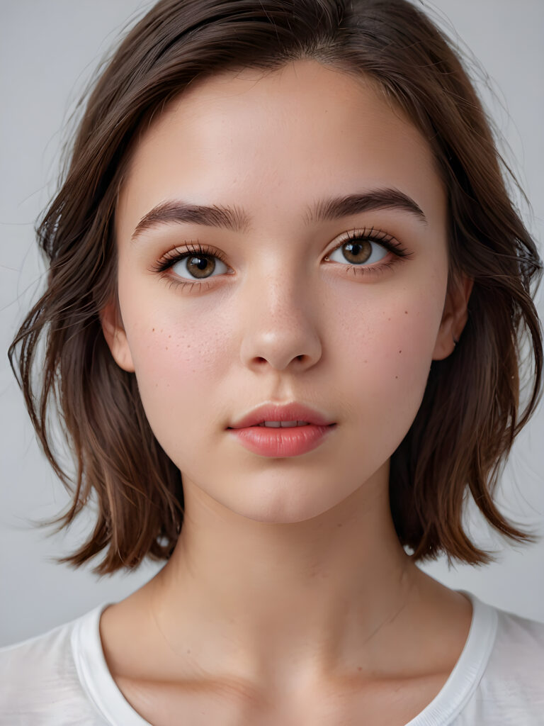 a young beautiful teen girl, ((round face)), flawless skin, white t-shirt, full kissable lips, ((stunning)) ((gorgeous)) ((realistic and detailed close-up portrait)), ((empty background))