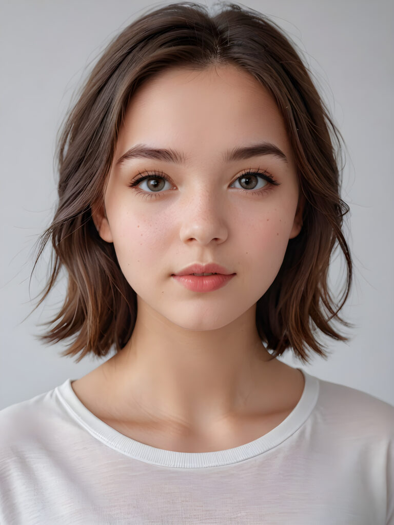 a young beautiful teen girl, ((round face)), flawless skin, white t-shirt, full kissable lips, ((stunning)) ((gorgeous)) ((realistic and detailed close-up portrait)), ((empty background))