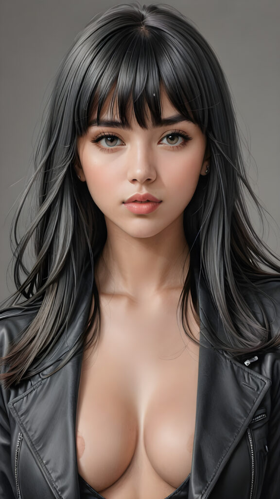 a young beautiful teen girl, perfect curved body, realistic detailed hair, fit body, full lips, crop black jacket, ((straight hair, bangs cut), ((stunning)) ((gorgeous)) ((detailed upper body portrait)), ((grey background)) ((a charcoal pencil drawing by hand))