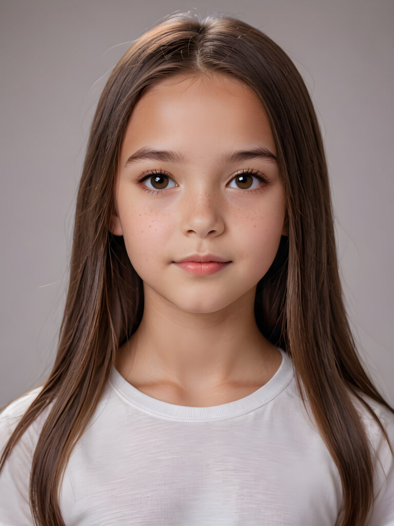 a young beautiful cute girl, 11 years old, ((round face)), flawless skin, white t-shirt, ((straight jet brown long hair)), ((stunning)) ((gorgeous)) ((realistic and detailed close-up portrait)), ((empty background))