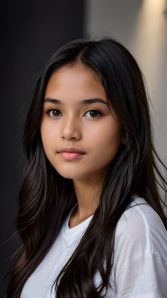 a young beautiful cute Peruvian teen girl, 15 years old, dimmed light falls on her face, she has long (((dark hair))) and dark eyes, ((angelic round face)), ((realistic, detailed portrait)), grey background, perfect shadows, she wears a white t-shirt, perfect curved body, upper body, ((side view))