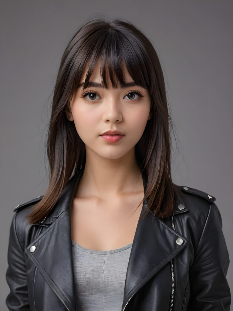 a young beautiful teen girl, perfect curved body, full lips, crop black jacket, ((straight hair, bangs cut), ((stunning)) ((gorgeous)), ((grey background)) ((a figure drawing))