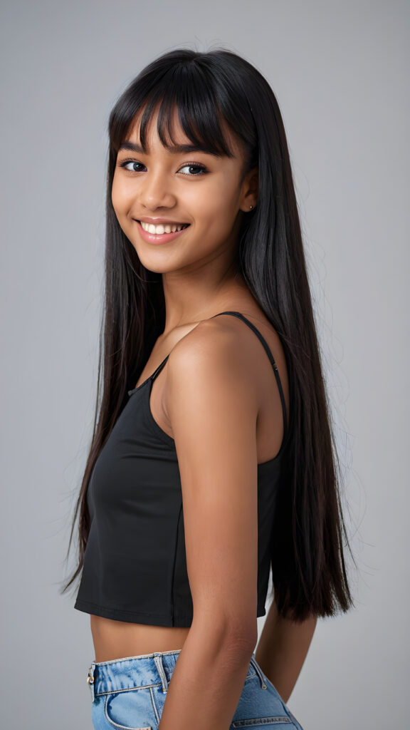 a young beautiful dark-skinned teen girl, (((straight long black hair, bangs cut))) (her hair falls on her shoulders), and (realistic dark blue eyes), ((angelic round face)), perfect shadows, white teeth, she wears (a ((tight crop top))), perfect curved fit body, upper body, grey background, ((stunning)) ((gorgeous)) ((4k)) ((artistically designed portrait))