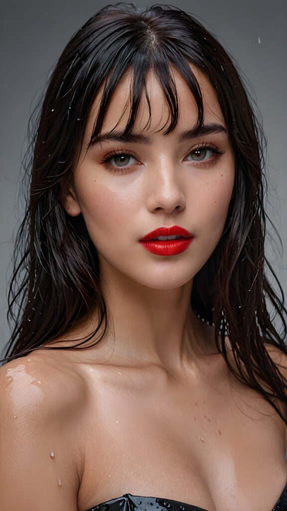 a young beautiful girl, wearing a large, she has (full red lips) and her mouth is slightly open, she has long (((detailed straight wet shoulder-length dark hair, bangs that are parted to the side))), and (realistic dark eyes), ((angelic face)), ((grey background)), perfect shadows, weak light falls into the picture from the side, perfect curved body, she looks seductively at the viewer, flawless skin, white teeth, ((side view)) ((ultra realistic photo)) ((stunning)) ((gorgeous)) ((4k)) ((upper body))