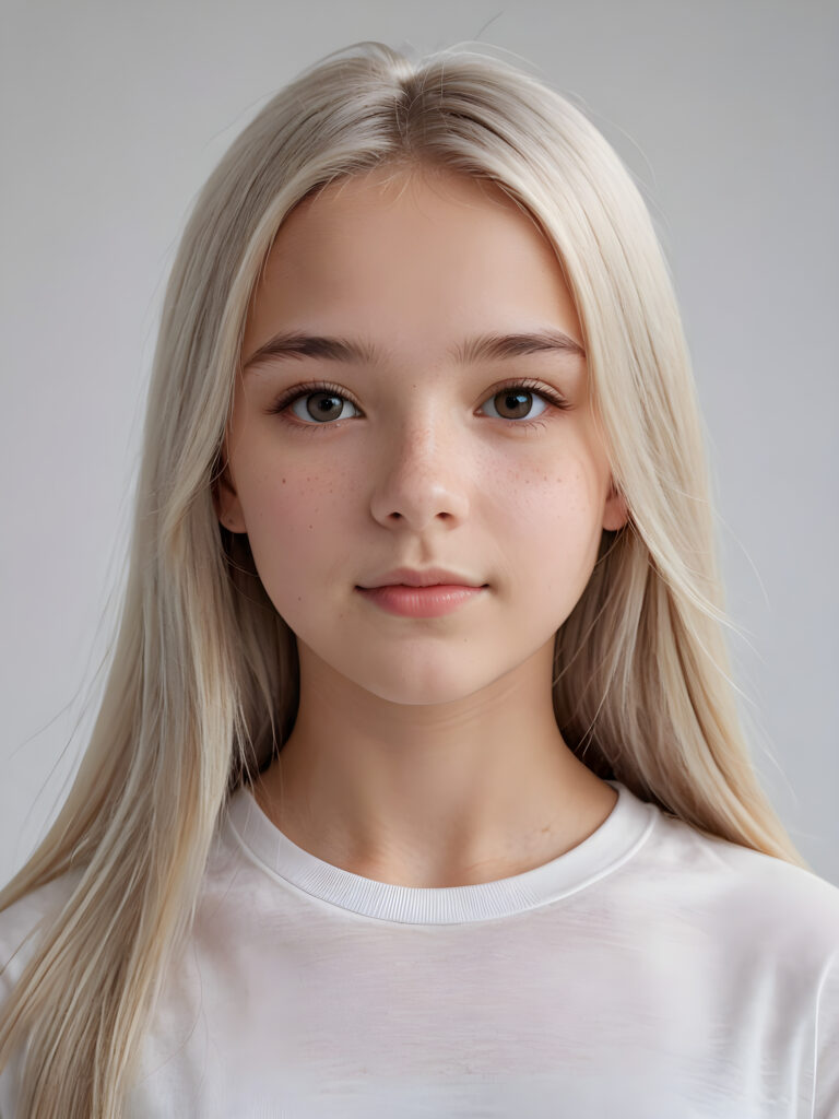 a young beautiful teen girl, 13 years old, ((round face)), flawless skin, white t-shirt, ((straight jet white long hair)), ((stunning)) ((gorgeous)) ((realistic and detailed close-up portrait)), ((empty background))