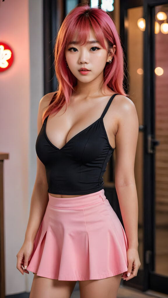 a young beautiful busty Asian (Korean) dream teen girl, wears a ((black deep v-neck tank top)) and ((round pink mini skirt)), (long straight neon red hair, bangs frame her face), flawless skin, detailed face, full lips, accentuating her ((navel)), ((stunning)) ((gorgeous)) ((detailed full body portrait)), ((full lips))