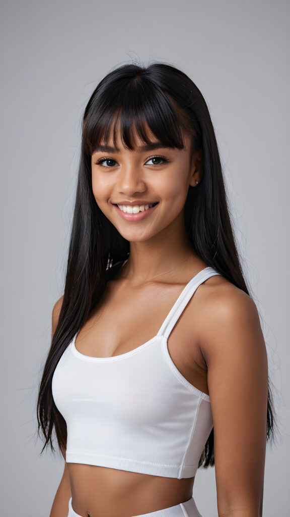 a young beautiful dark-skinned teen girl, (((straight long black hair, bangs cut))) (her hair falls on her shoulders), and (realistic dark blue eyes), ((angelic round face)), perfect shadows, white teeth, she wears (a ((tight crop top))), perfect curved fit body, upper body, grey background, ((stunning)) ((gorgeous)) ((4k)) ((artistically designed portrait))