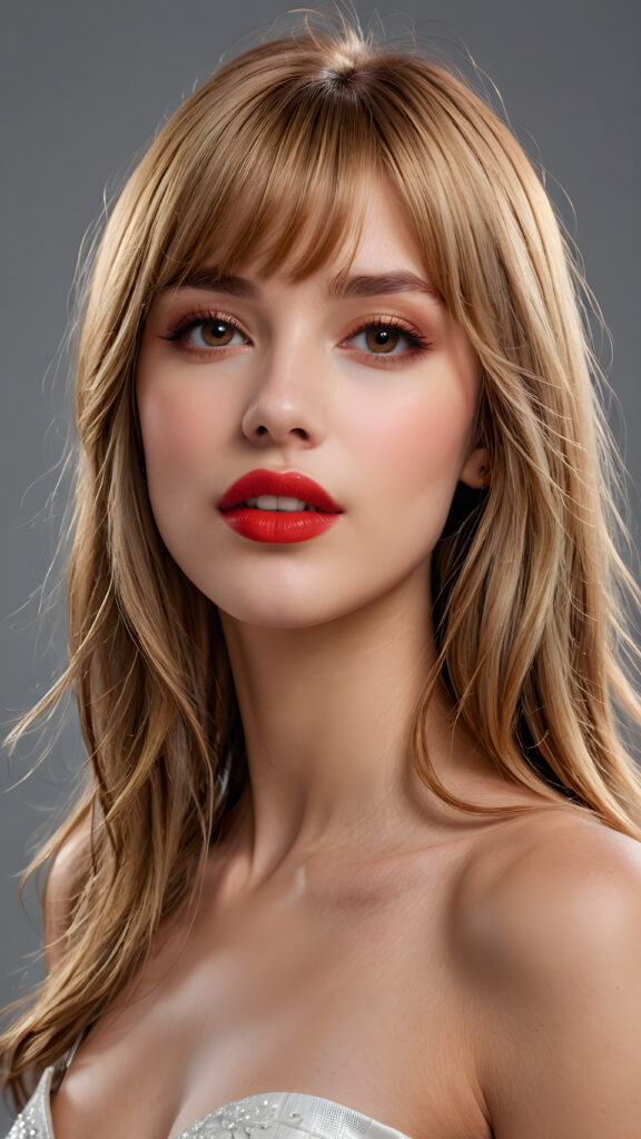 a young beautiful girl, she has (full red lips) and her mouth is slightly open, she has long (((detailed straight shoulder-length brown blond hair, bangs that are parted to the side))), and (realistic dark eyes), ((angelic face)), ((grey background)), perfect shadows, weak light falls into the picture from the side, perfect curved body, she looks seductively at the viewer, flawless skin, white teeth, ((side view)) ((ultra realistic photo)) ((stunning)) ((gorgeous)) ((4k)) ((upper body))