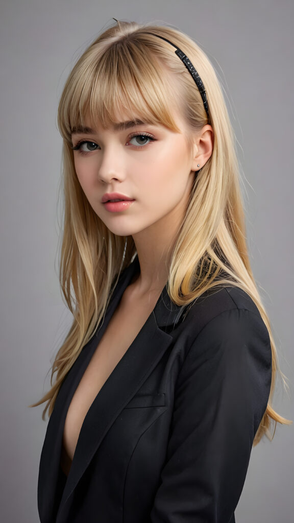 a young beautiful cute petite teen girl, perfect curved body, full lips, wears a black jacket, ((straight blond hair, bangs cut), ((stunning)) ((gorgeous)), ((grey background)) ((a drawing from points))