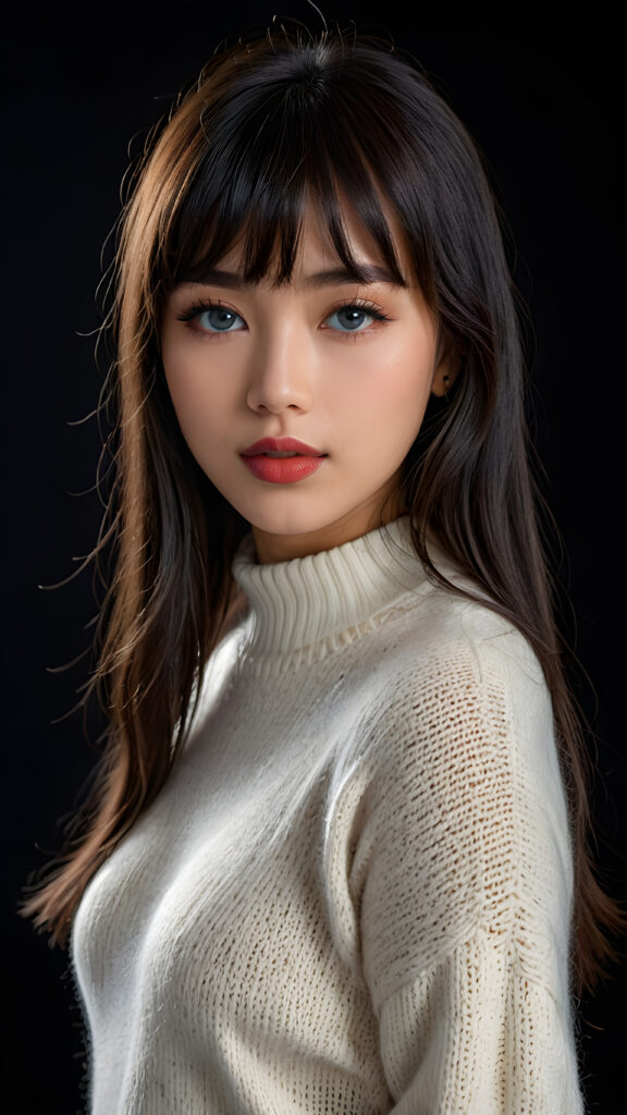 a young beautiful young Indonesian girl, she has full red lips and her mouth is slightly open ready to kiss, she has long (((detailed dark straight hair in bangs cut))) (her hair falls on her shoulders), and (realistic light blue eyes), ((angelic face)), black background, perfect shadows, weak light falls into the picture from the side, she wears a tight (((wool sweater in white))), perfect curved body, she looks seductively at the viewer, flawless skin, ((side view)) ((ultra realistic photo)) ((stunning)) ((gorgeous)) ((4k))