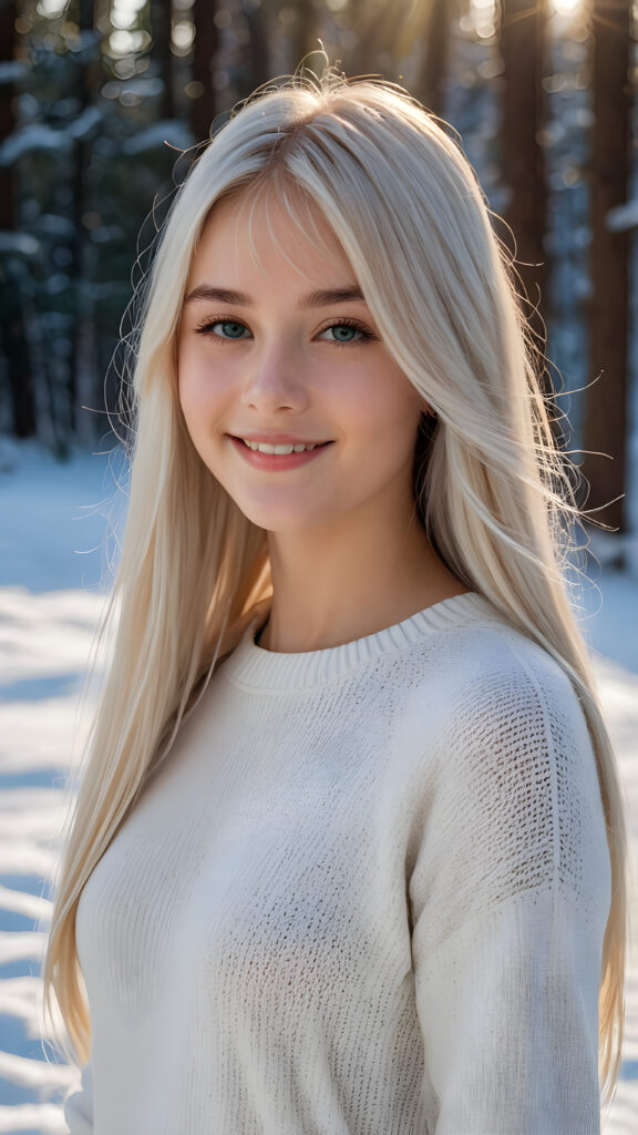 a young beautiful cute young Nordic teen girl, 15 years old, warm smile, dimmed light falls on her, she has long (((white straight long hair, bangs cut))) (her hair falls on her shoulders), and (realistic dark blue eyes), ((angelic round face)), in a dreamy, snowy landscape, perfect shadows, she wears (a ((white tight silk sweater))), perfect curved fit body, she looks seductively at the viewer and smiles slightly, upper body, flawless skin, ((side profile)) ((ultra realistic photo)) ((stunning)) ((gorgeous)) ((4k))