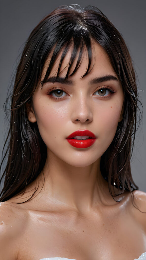 a young beautiful girl, wearing a large, she has (full red lips) and her mouth is slightly open, she has long (((detailed straight wet shoulder-length dark hair, bangs that are parted to the side))), and (realistic dark eyes), ((angelic face)), ((grey background)), perfect shadows, weak light falls into the picture from the side, perfect curved body, she looks seductively at the viewer, flawless skin, white teeth, ((side view)) ((ultra realistic photo)) ((stunning)) ((gorgeous)) ((4k)) ((upper body))