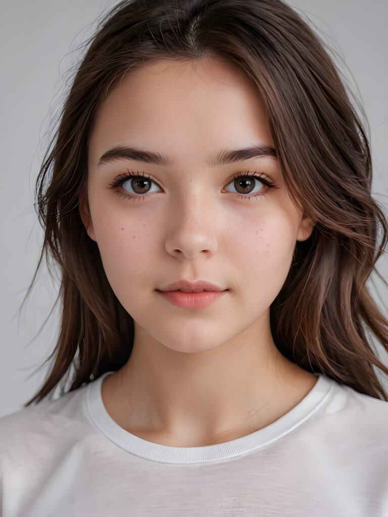 a young beautiful teen girl, ((round face)), flawless skin, white t-shirt, full kissable lips, ((stunning)) ((gorgeous)) ((realistic and detailed close-up portrait)), ((empty background))