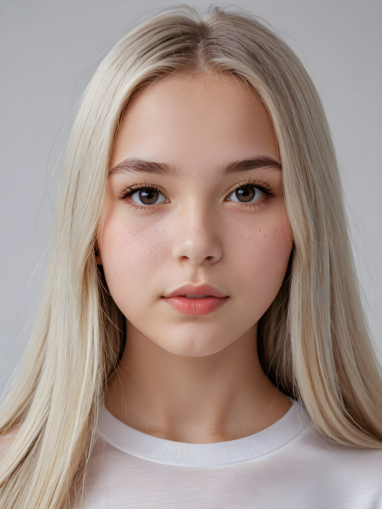 a young beautiful teen girl, 13 years old, ((round face)), flawless skin, white t-shirt, ((straight jet white long hair)), ((stunning)) ((gorgeous)) ((realistic and detailed close-up portrait)), ((empty background))