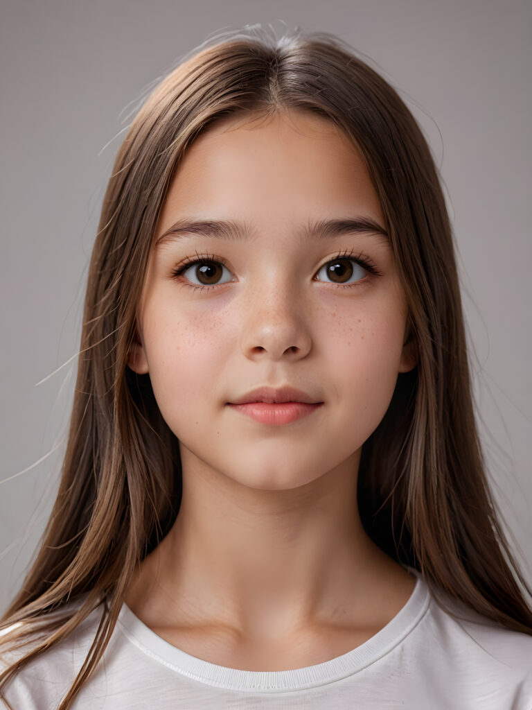 a young beautiful cute girl, 11 years old, ((round face)), flawless skin, white t-shirt, ((straight jet brown long hair)), ((stunning)) ((gorgeous)) ((realistic and detailed close-up portrait)), ((empty background))