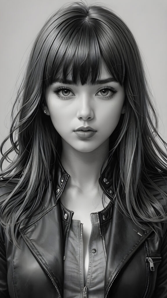 a young beautiful teen girl, perfect curved body, realistic detailed hair, fit body, full lips, crop black jacket, ((straight hair, bangs cut), ((stunning)) ((gorgeous)) ((detailed upper body portrait)), ((grey background)) ((a charcoal pencil drawing by hand))