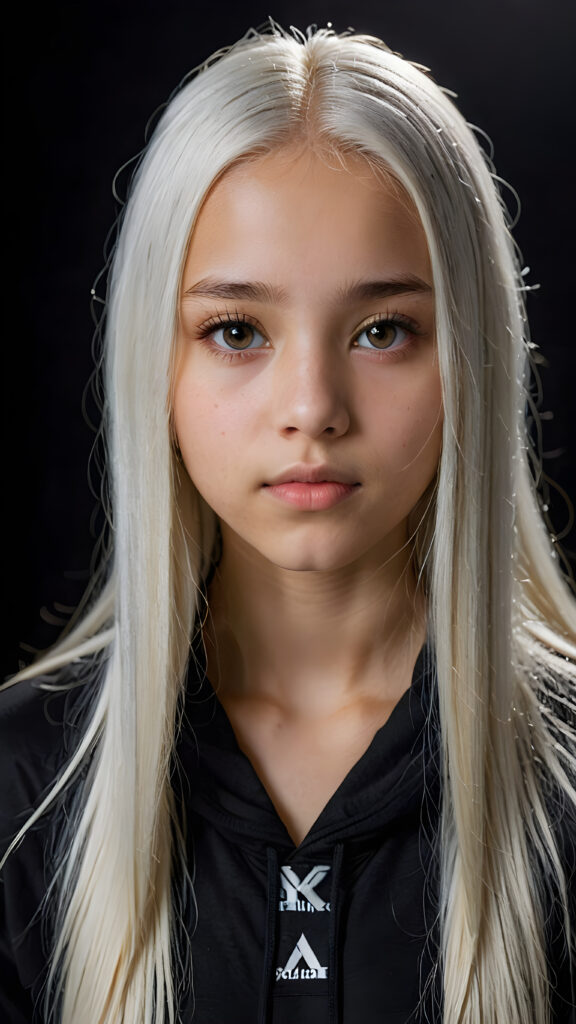 a young beautiful Exotic teen girl, 13 years old, dimmed light falls on her face, she has long (((platinum white straight hair))) and amber eyes, ((angelic round face)), ((realistic, detailed portrait)), dark background, perfect shadow, she wears a hoodie, looks tired at the viewer