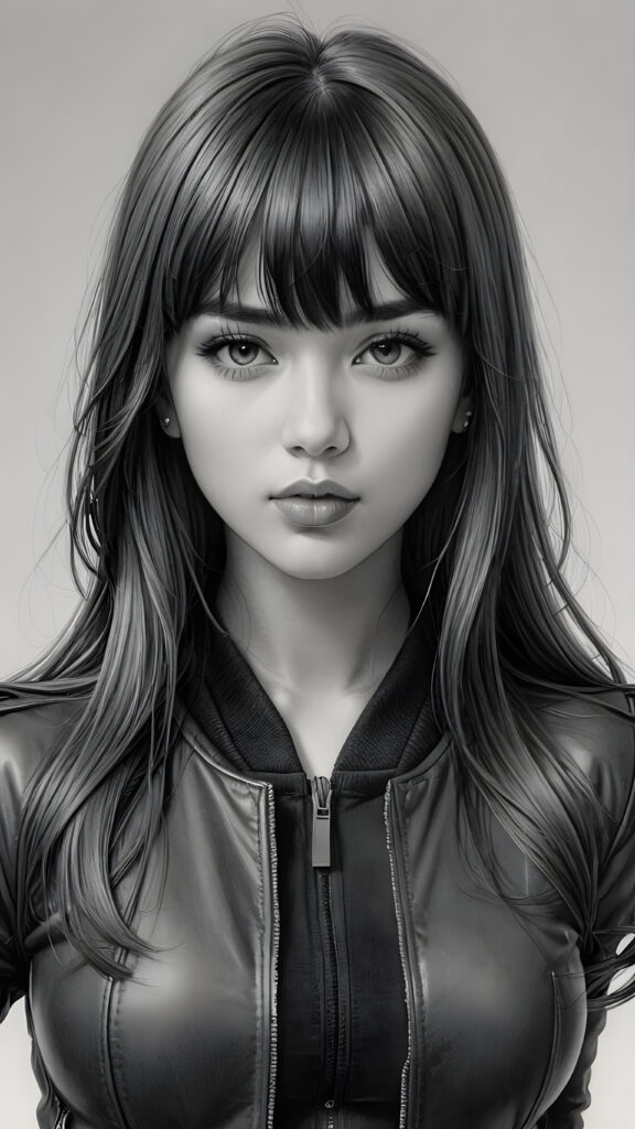 a young beautiful teen girl, perfect curved body, realistic detailed hair, fit body, full lips, crop black jacket, ((straight hair, bangs cut), ((stunning)) ((gorgeous)) ((detailed upper body portrait)), ((grey background)) ((a charcoal pencil drawing by hand))