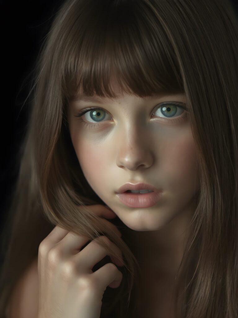 a young beautiful young girl, 14 years old, ((jet soft straight hair, bangs frame her face)), ((full natural lips)), (((mouth slightly open))), ((seductive look)), glossy shiny tanned skin, (realistic shiny round light blue eyes), (((angelic face))), black background, (perfect shadows), (light falls into the picture from the side), (perfect curved body), she looks seductively at the viewer, (flawless skin), ((side view)) ((ultra realistic photo)) ((stunning)) ((gorgeous)) ((4k)) ((upper body))