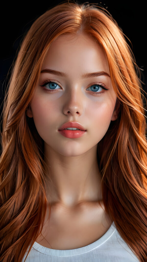 a young beautiful young girl, 14 years old, ((jet soft straight hair, bangs frame her face)), ((full natural lips)), (((mouth slightly open))), ((seductive look)), glossy shiny tanned skin, (realistic shiny round light blue eyes), (((angelic face))), black background, (perfect shadows), (weak light falls into the picture from the side), (perfect curved body), she looks seductively at the viewer, (flawless skin), ((side view)) ((ultra realistic photo)) ((stunning)) ((gorgeous)) ((4k)) ((upper body))