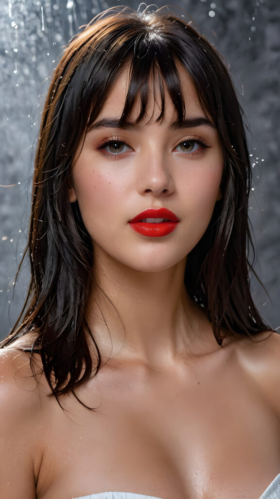 a young beautiful young busty teen girl, she has (full red lips) and her mouth is slightly open, she has long (((detailed straight wet shoulder-length dark hair, bangs that are parted to the side))), and (realistic dark eyes), ((round angelic face)), ((grey background)), perfect shadows, weak light falls into the picture from the side, perfect curved body, she looks seductively at the viewer, flawless skin, white teeth, ((side view)) ((ultra realistic photo)) ((stunning)) ((gorgeous)) ((4k)) ((upper body))