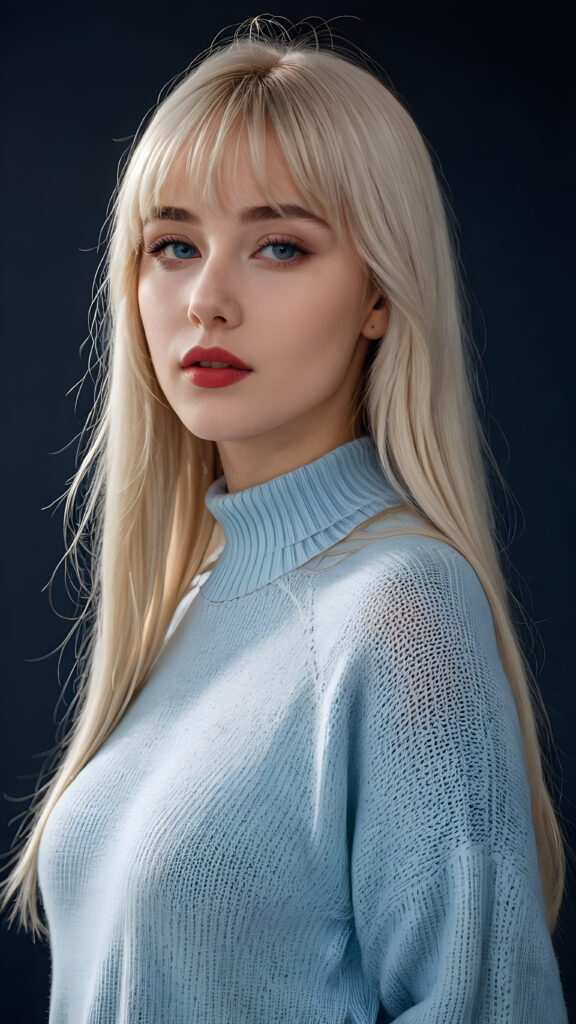 a young beautiful young Nordic girl, she has full red lips and her mouth is slightly open ready to kiss, white teeth, she has long (((detailed white straight hair in bangs cut))) (her hair falls on her shoulders), and (realistic light blue eyes), ((angelic face)), dark background, perfect shadows, weak light falls into the picture from the side, she wears a tight (((sweater in blue))), perfect curved body, she looks seductively at the viewer, flawless skin, ((side view)) ((ultra realistic photo)) ((stunning)) ((gorgeous)) ((4k))