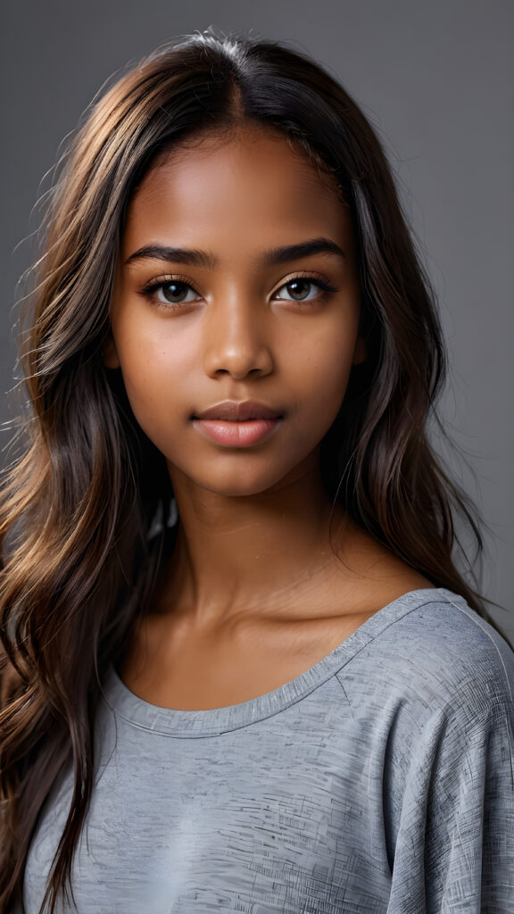 a young beautiful dark-skinned cute teen girl, straight hair, grey background, ((stunning)) ((gorgeous)) ((4k)) ((realistic detailed photo))